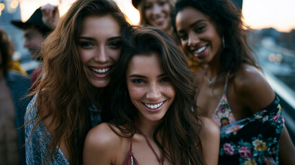 Fototapeta premium group of stylish women partying with dj on rooftop at sunset, fashionable female friends dancing around dj during rooftop celebration, vibrant rooftop party with confident women enjoying sunset music
