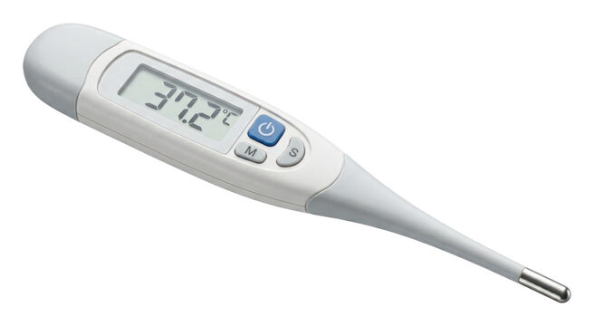 Digital Medical Thermometer for Body Temperature Measurement. Electronic Healthcare Device with LCD Display Showing Fever Reading. Isolated Cutout for Clinical Design.