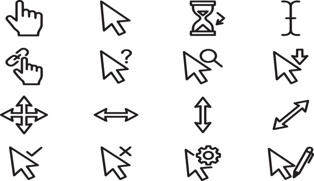 Computer cursor state icons set including arrow hand hourglass text and utility indicators.