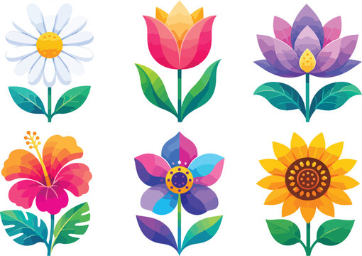 Modern colorful flat flower icon collection featuring six unique floral designs with clean geometric shapes, vibrant colors, and minimalist vector styling. Perfect for web design, mobile apps, brandin