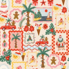 Christmas Tropical Seamless Pattern with Palm Trees Gingerbread Santa Summer Holiday Frames Illustration © Yumeee