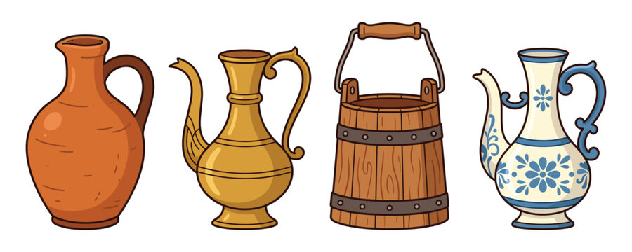 Set of ancient ceramic and metal jugs and wooden bucket on transparent background.