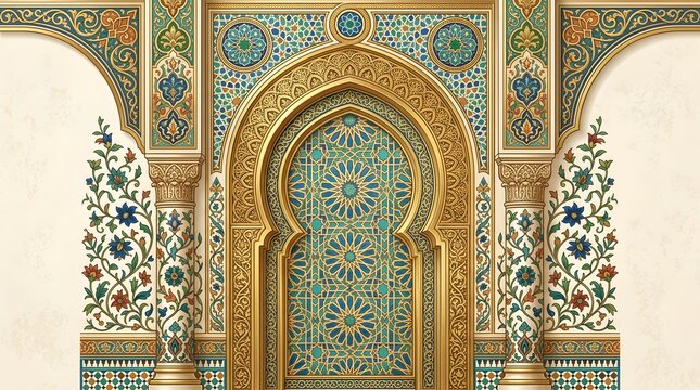Ornate golden islamic archway featuring intricate geometric patterns and detailed floral carvings on stone pillars which showcase traditional middle eastern architectural design 