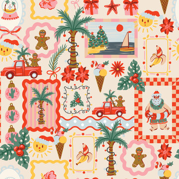 Christmas Tropical Seamless Pattern with Palm Trees Gingerbread Santa Summer Holiday Frames Illustration