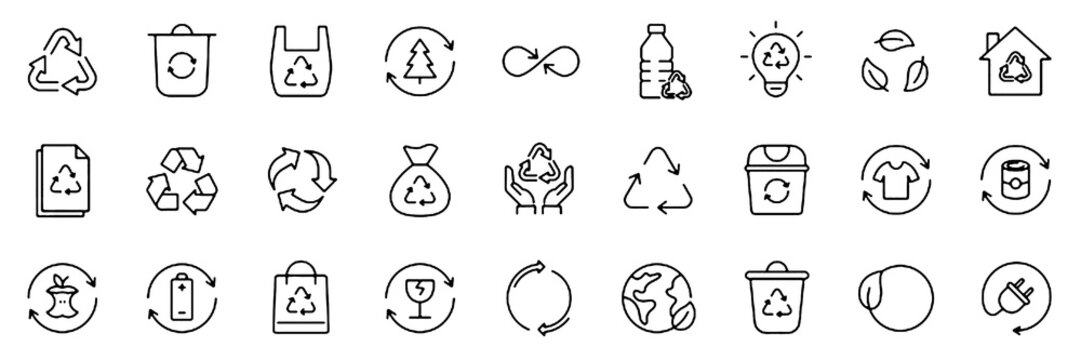 Recycling, Environmental Conservation, and Eco Sustainability Outline Icon Set Editable Stroke Vector Illustration
