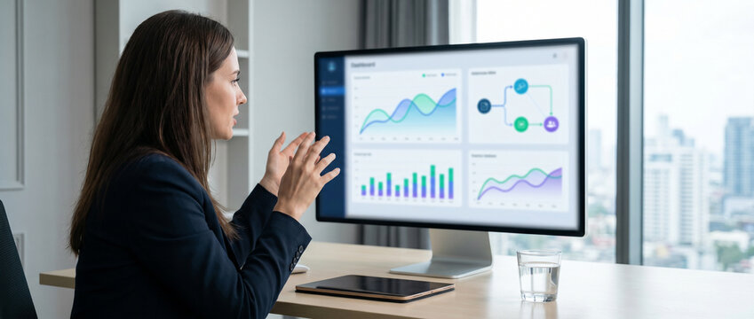 Manager reviews workforce analytics dashboard with employee KPIs, workflow metrics and collaboration insights, supporting performance management and enterprise operations with copy space.