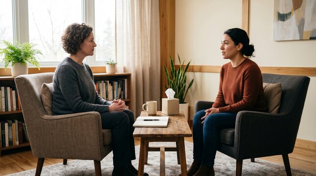Body Image Therapy Conversation In Calm Counseling Office Interior