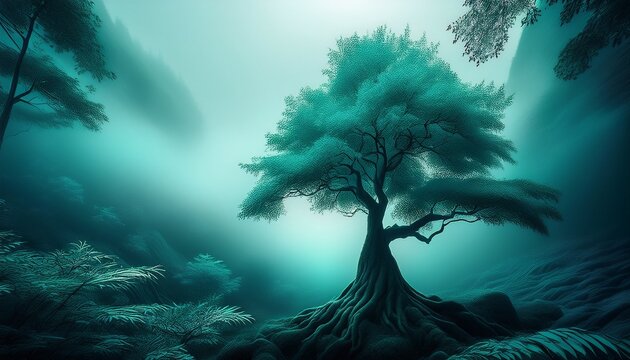 Emerald Leaves Solitary Tree Dense Fog Enchanting Forest Enchanting Tranquil