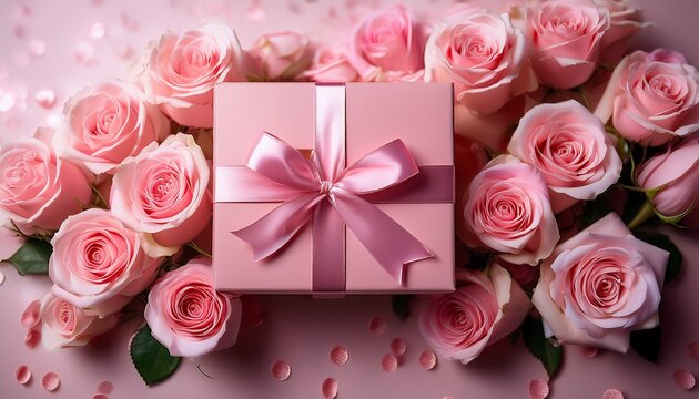 A Lovely Gift Box Adorned With A Pink Ribbon Rests Amidst Soft Pink Roses On A Gentle Pastel Backdrop This Scene Captures A Warm Feeling Of Joy And Celebration Perfect For Special Occasions