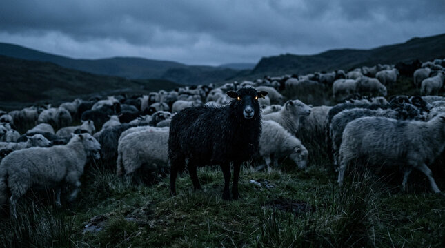 Black Sheep Stands Out In Herd On Grassy Hillside Under Moody Sky