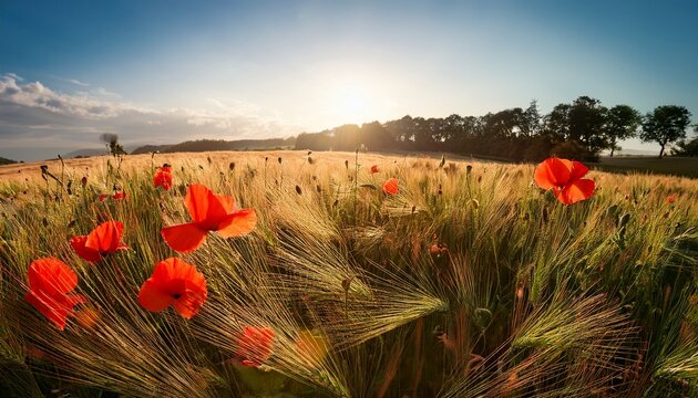 Beautiful Red Poppy Flowers Blooming In A Sunny Barley Field