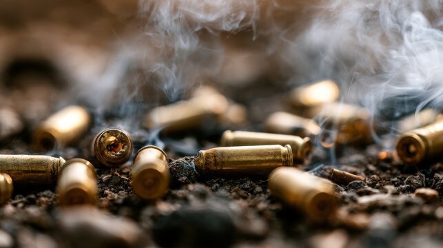 Pistol bullets on the ground with smoke.