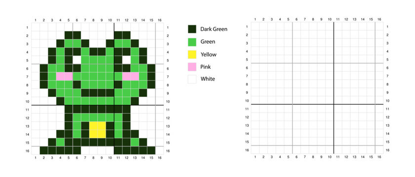 Cute frog pixel art color by number worksheet on a 16&times;16 grid. Perfect for cross stitch, knitting, diamond painting, perler beads, mosaic art and printable educational activities. Helps children devel