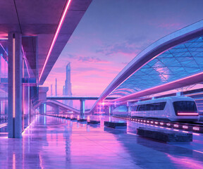 Naklejka premium Retrofuturistic Neon Public Transit Terminal in Vaporwave Style
