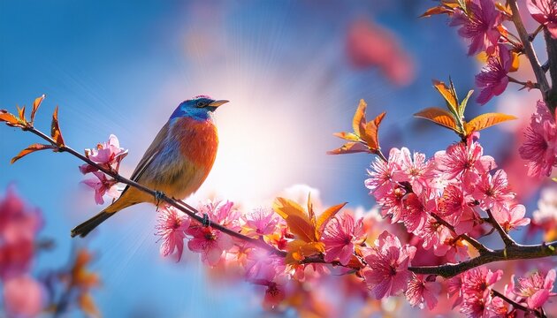 Colorful Songbird Perched On Branch With Glowing Pink Red Blossoms And Sunlit Sky