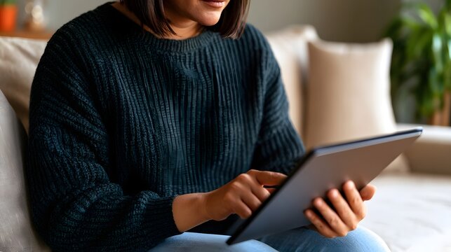 A person seated comfortably on a couch using a tablet computer while wearing a dark ribbed sweater