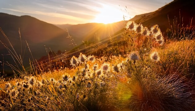 Wildflower Hillside Bathed In Golden Sunlight Close Up Macro Plant Bloom