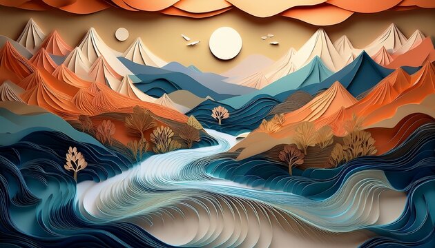 Multi Layered Paper Craft Mountain Landscape With A Flowing River