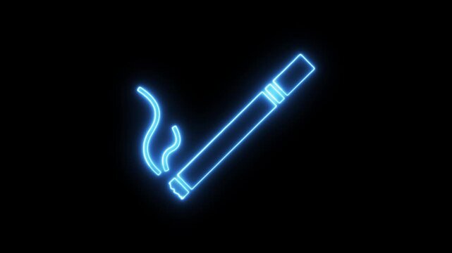 Glowing neon cigarette icon. Smoking symbol with blue light effect on black background.