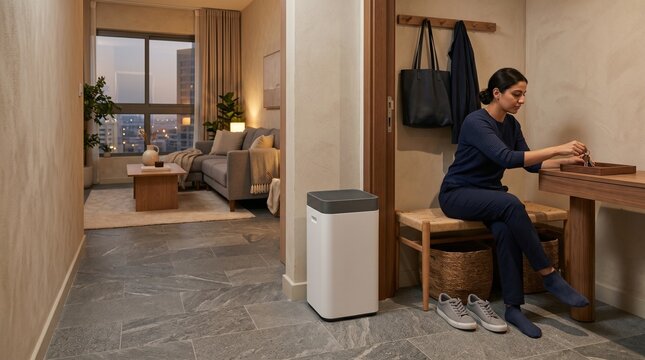 Air purifier near apartment entry in Middle Eastern urban home