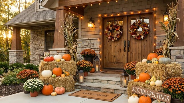 Charming autumn home exterior fall porch decor with pumpkins hay bales wreaths