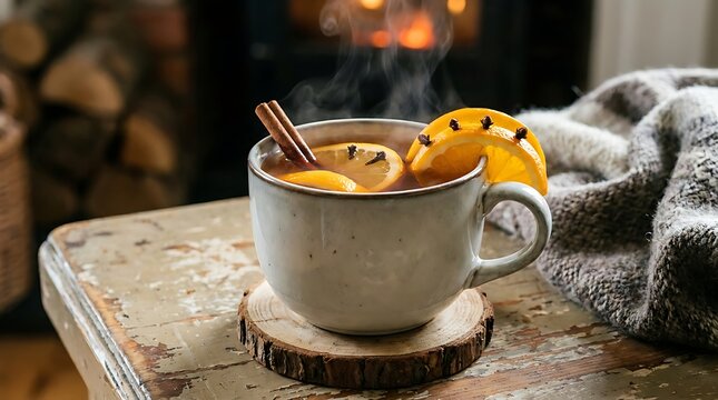 Cozy winter drink hot toddy with orange cinnamon warm beverage for cold weather