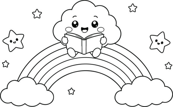 Cute cartoon cloud character hugging itself with rainbow. Adorable weather mascot illustration for cheerful branding and kids design.