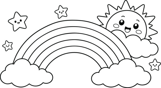 Cute cartoon sun with rainbow and clouds smiling. Hand-drawn weather illustration featuring cheerful sky elements and colorful arc.