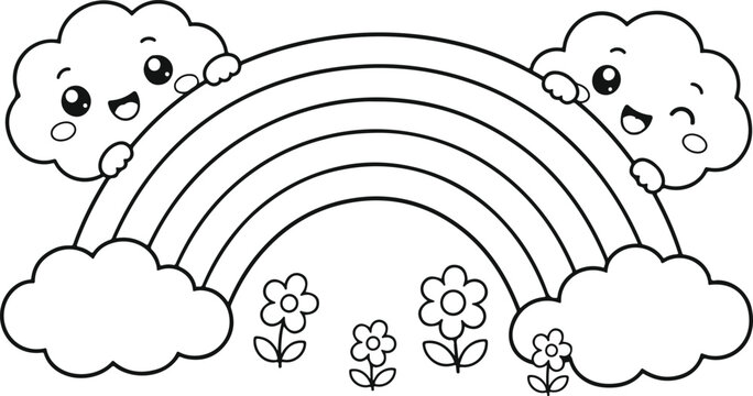Hand-drawn cartoon clouds forming a rainbow. Whimsical weather illustration with fluffy cumulus shapes and vibrant colors.