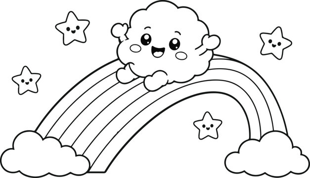 Cute cartoon sheep sleeping under rainbow with stars. Adorable plush cloud animal illustration for kids and dreamy designs.