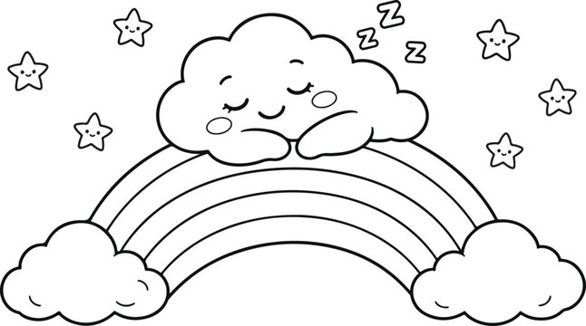 Sleeping cloud character with rainbow and stars. Cute cartoon weather mascot resting on colorful sky arc for cheerful branding.