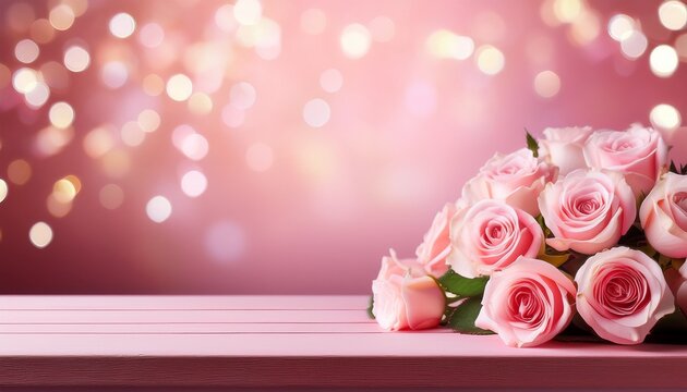 Fondo Rosa Con Bokeh Y Bouquet De Rosas Sobre Mesa Con Espacio Vacio Concepto San Valentin Dia E La Madre Celebraciones