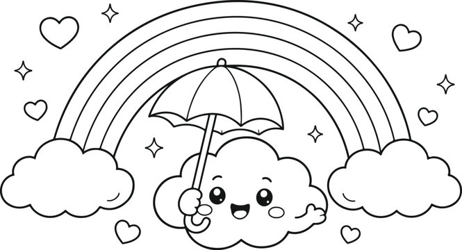 Cute cartoon cloud with rainbow and hearts raining. Whimsical weather mascot character smiling under colorful sky umbrella.