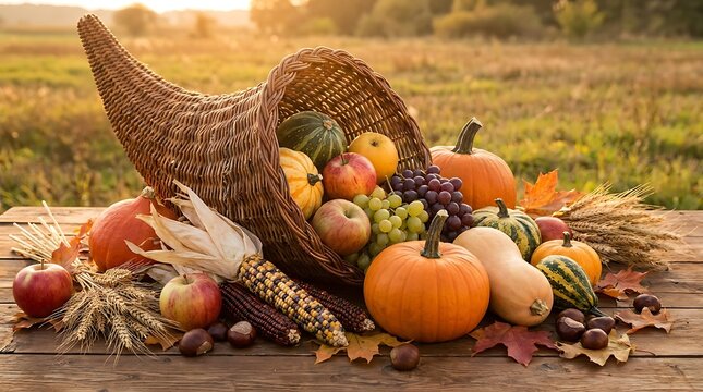 Abundant harvest cornucopia thanksgiving still life with pumpkins fruits grains fall decor