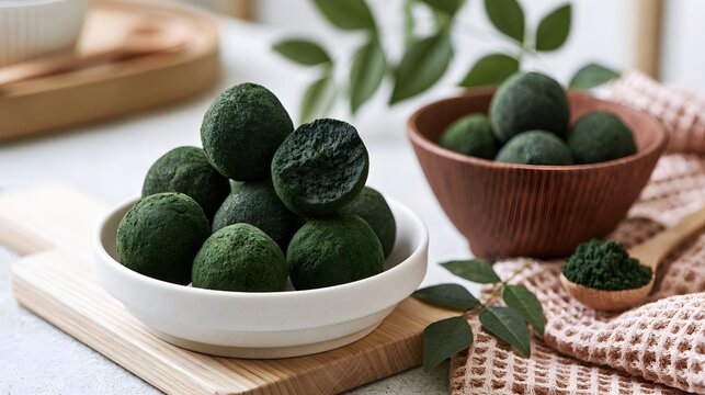 Green spherical snacks made from spirulina powder displayed in ceramic and wooden bowls on a light wood cutting board