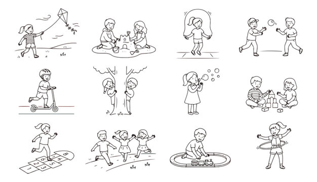 Hand drawn children playing outdoor activities vector set, 12 line art icons of kids summer games, coloring book style childhood hobby illustrations