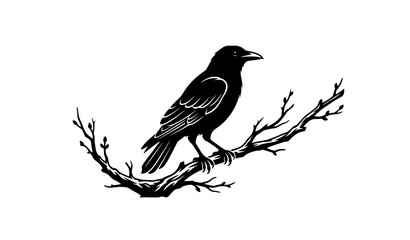Fototapeta premium Black Crow Sitting on Bare Tree Branch Silhouette Vector Illustration