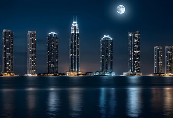 Obraz premium Modern city skyline at night with illuminated skyscrapers reflecting on water under a full moon, the buildings reflect their lights on the calm water below, creating a serene and picturesque scene