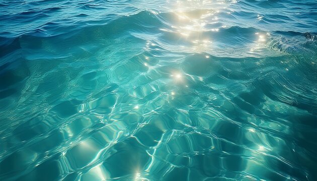 Crystal Clear Turquoise Water Surface With Sunlight Reflections And Rippling Waves