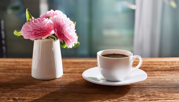 Coffee And Pink Flowers In A White Vase On Wooden Table