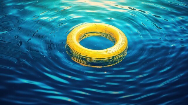 Yellow Inflatable Swim Ring Floating on Blue Water