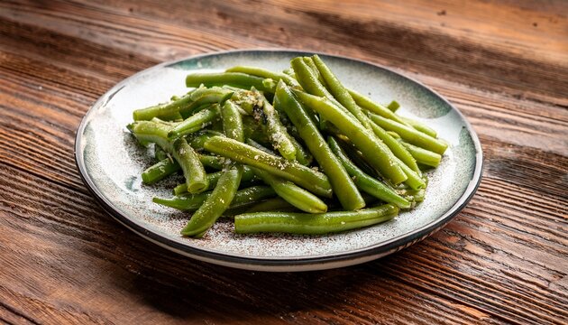 Plate Of Seasoned Steamed Green Beans Is Placed On A Rustic Wooden Table