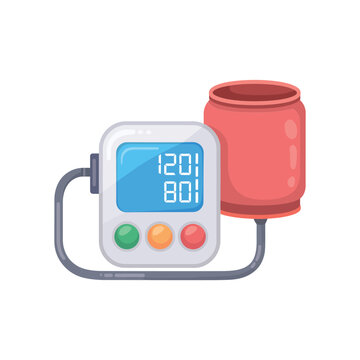 Digital pressure monitor with a red inflatable cuff, displaying systolic and diastolic readings on a blue screen, medical diagnostic device