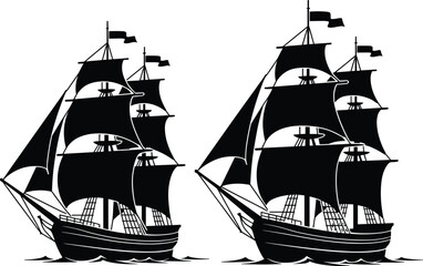 Black silhouette of two vintage sailing ships with masts and flags sailing on waves isolated on white background © Mucha