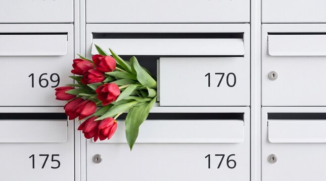 Bouquet of fresh red tulips inside a white metal mailbox