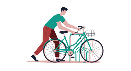 Obraz premium Man locking bicycle to bike rack on sidewalk
