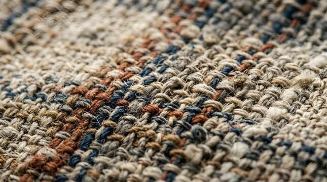 Close-up of textured woven fabric with plaid pattern in earthy tones