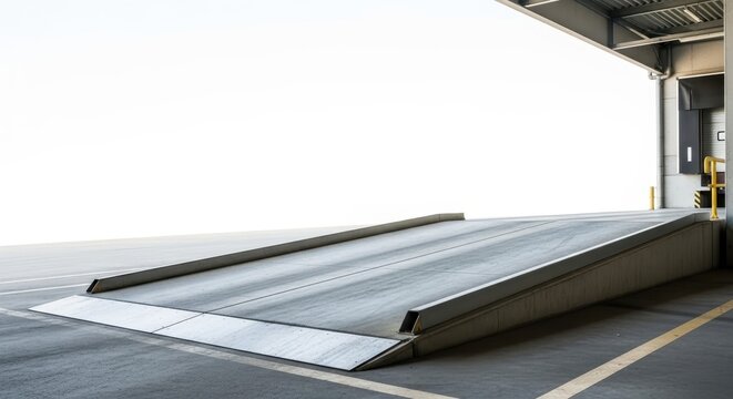 Wide shot of an empty industrial loading dock ramp leading upwards, showcasing a functional access point for vehicles.