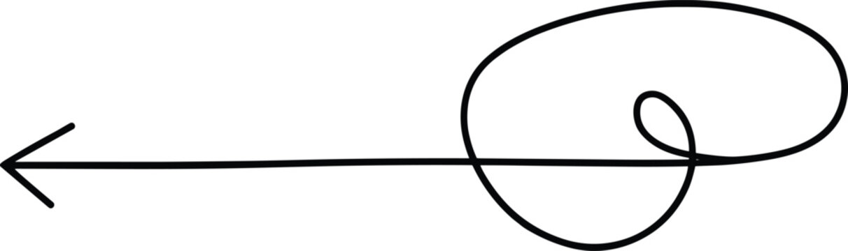 Hand drawn curly loop arrow pointing left minimalist doodle vector graphic element for correction and direction signs