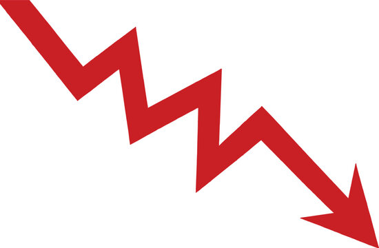 Red declining arrow graph showing financial loss market crash inflation and business economic recession vector icon